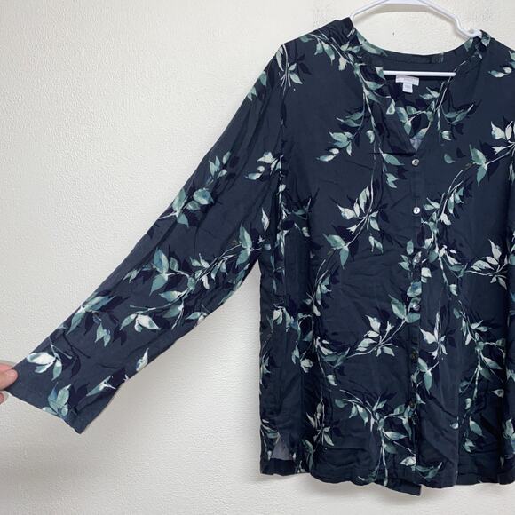 Pure Jill Indigo Blue Gauzy Floral Button Down Top Size XL Soft - Picture 4 of 9